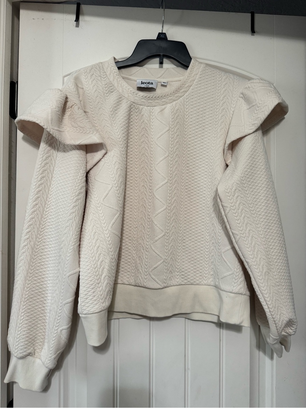 Leota Cream Cable-Knit Ruffle Shoulder Sweater